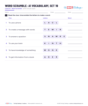 Vocabulary - Set 19 - A1 Word Scramble