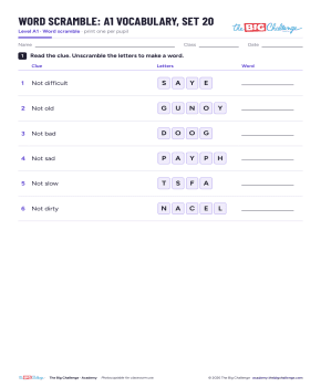 Vocabulary - Set 20 - A1 Word Scramble