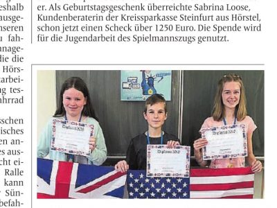 Stadt Hörstel, Gesamtschule Hörstel
Verleihung der Preise im Klassenraum!
Es folgt noch die Schulassembly am letzten Schultag. Darin werden die Gewinner noch einmal genannt und die Diaries und speziellen „Honours“ übergeben! Fotos sind heute noch nicht verfügbar.