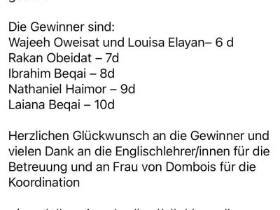 Talitha Kumi in Beit Jala, Palästina bedankt sich noch einmal von ganzem Herzen. Da wir über unseren inzwischen ehemaligen Schulleiter Herrn Matthias Wolf bei The Big Challenge geführt werden, kamen bei ihm in Hessen die Geschenke an und diese wurden in den privaten Koffern der verschiedenen deutschen Kollegen und Kolleginnen über Tel Aviv nach Beit Jala gebracht.
Nun sind kürzlich erst die letzten Geschenke verteilt und die SuS gebührend geehrt worden - wie auf den Bildern festgehalten. Nächstes Jahr sind wir gerne wieder dabei!
