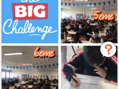 Tous les élèves de 6è et 5è du collège Le Racinay à Rambouillet (78) concentrés pour réussir le concours du BIG CHALLENGE dans la cantine décorés aux couleurs de l'Angleterre!